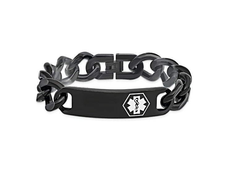 Stainless Steel Polished Black IP-plated with White Enamel 8.25-inch Medical ID Bracelet