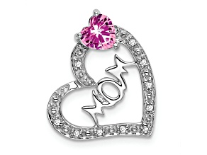 Rhodium Over 14k White Gold Lab Created Pink Sapphire and Diamond Mom Heart Pendant
