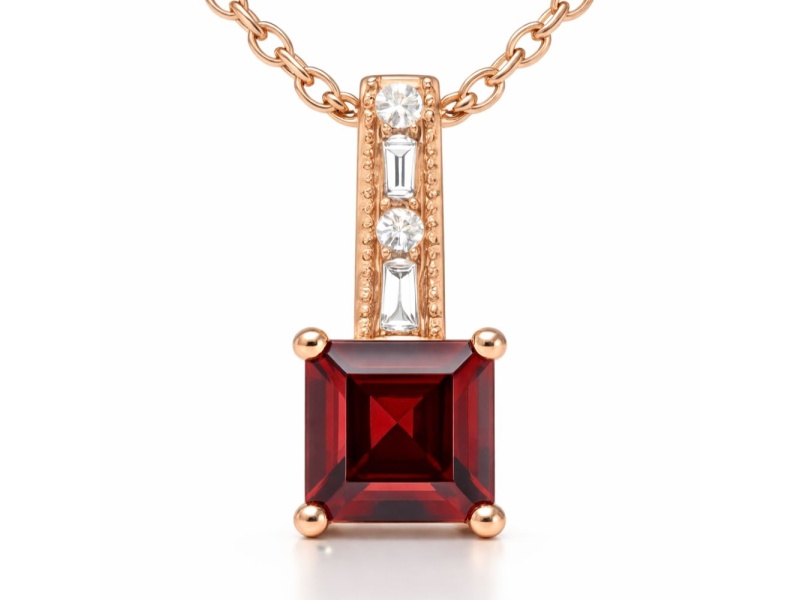 Natural Red Garnet 14K Rose Gold Over Sterling Silver Square Shape Pendant with Chain