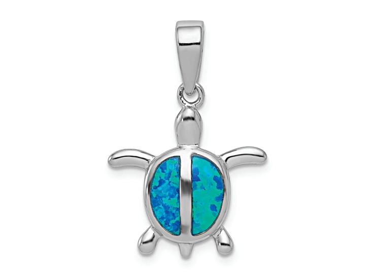 Rhodium Over Sterling Silver Lab Created Blue Opal Turtle Pendant
