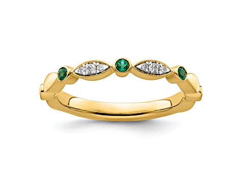 14K Yellow Gold Stackable Expressions Lab Created Emerald and Diamond Ring 0.07ctw