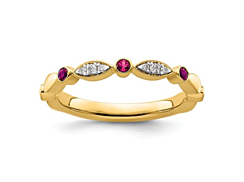 14K Yellow Gold Stackable Expressions Lab Created Ruby and Diamond Ring 0.096ctw