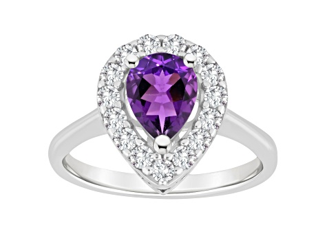 8x5mm Pear Shape Amethyst And White Topaz Accents Rhodium Over Sterling Silver Halo Ring