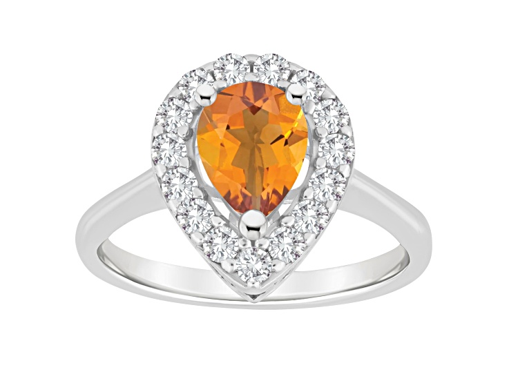 8x5mm Pear Shape Citrine And White Topaz Accents Rhodium Over Sterling Silver Halo Ring