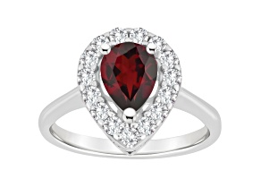 8x5mm Pear Shape Garnet And White Topaz Accents Rhodium Over Sterling Silver Halo Ring