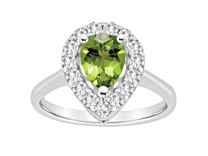 8x5mm Pear Shape Peridot And White Topaz Accents Rhodium Over Sterling Silver Halo Ring