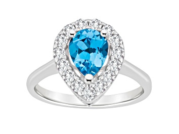 Picture of 8x5mm Pear Shape Swiss Blue Topaz And White Topaz Accents Rhodium Over Sterling Silver Halo Ring