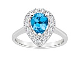 8x5mm Pear Shape Swiss Blue Topaz And White Topaz Accents Rhodium Over Sterling Silver Halo Ring