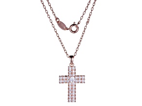 White Cubic Zirconia 14k Rose Gold Over Brass Cross Pendant With Chain 2.40ctw