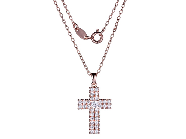 White Cubic Zirconia 14k Rose Gold Over Brass Cross Pendant With Chain 2.40ctw