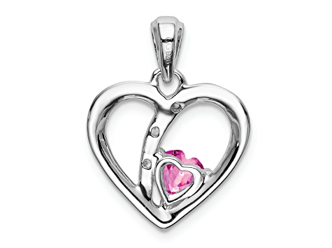 Rhodium Over 14k White Gold Lab Created Pink Sapphire and Diamond Heart Pendant