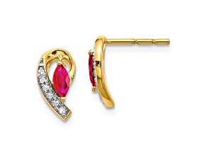 10k Yellow Gold and Rhodium Over 10k Yellow Gold Diamond and 0.32ctw Ruby Birthstone Stud Earrings