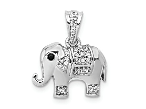 Rhodium Over 14k White Gold Black and White Diamond Elephant