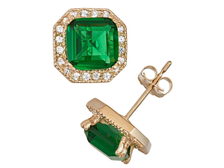 Emerald Simulant With Lab Created Sapphire 10K Yellow Gold Earrings 3.94ctw