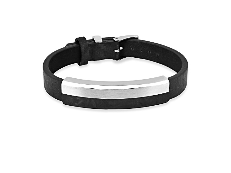 Mens Black Leather, Stainless Steel and Carbon Fiber Bracelet