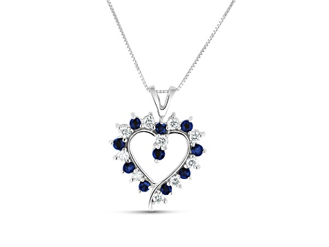 0.88ctw Blue Sapphire and White Diamond Heart Shaped Pendant 14k White Gold