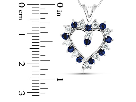 0.88ctw Blue Sapphire and White Diamond Heart Shaped Pendant 14k White Gold