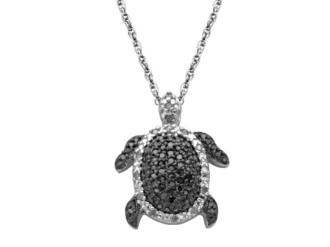 Black And White Diamond Rhodium Over Sterling Silver Turtle Pendant With Chain 0.25ctw