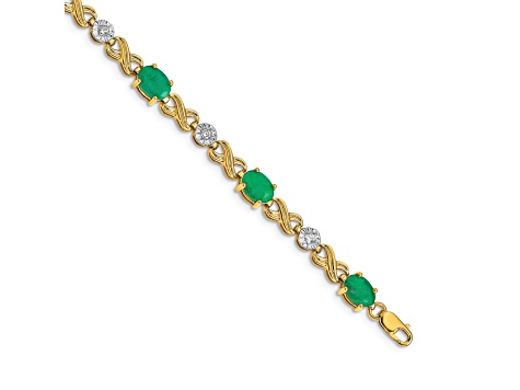 14k Yellow Gold and Rhodium Over 14k Yellow Gold Diamond and Emerald Infinity Bracelet