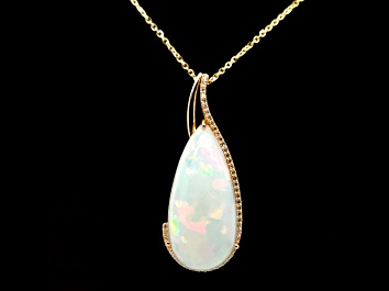 Picture of Ethiopian Opal Pear Shape Cabochon and Round Diamond 14K Yellow Gold Pendant with Chain, 15.17ctw