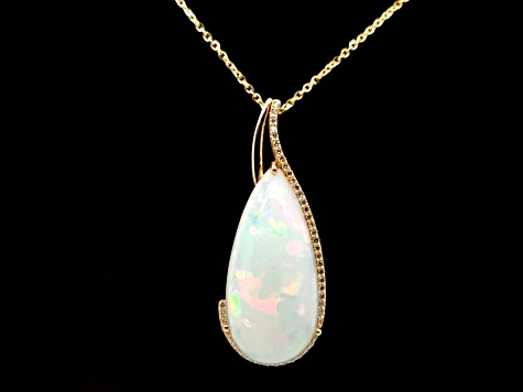 Ethiopian Opal Pear Shape Cabochon and Round Diamond 14K Yellow Gold Pendant with Chain, 15.17ctw