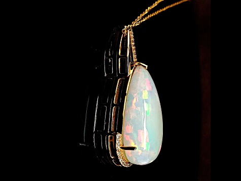 Ethiopian Opal Pear Shape Cabochon and Round Diamond 14K Yellow Gold Pendant with Chain, 15.17ctw