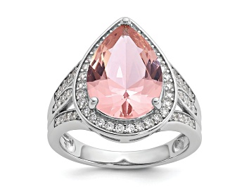 Picture of Rhodium Over Sterling Silver Pink Nano Crystal and Cubic Zirconia Teardrop Halo Ring