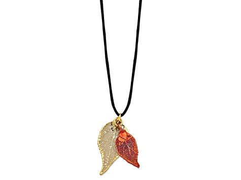 24k Yellow Gold and Iridescent Copper Dipped Double Evergreen Leaf Necklace