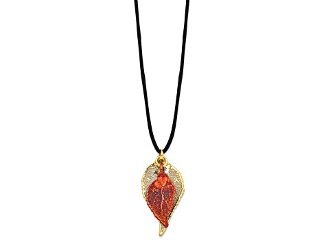 24k Yellow Gold and Iridescent Copper Dipped Double Evergreen Leaf Necklace