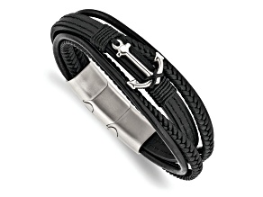 Black Leather and Stainless Steel Polished Anchor Genuine PU with 0.5-inch Extension Bracelet