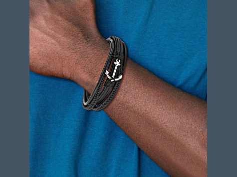 Black Leather and Stainless Steel Polished Anchor Genuine PU with 0.5-inch Extension Bracelet