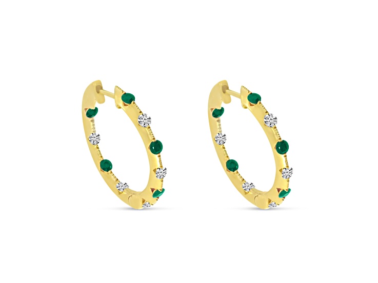 14K Yellow Gold Emerald/Diamond Hoop Earrings, 1 ctw.