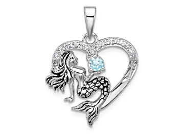 Picture of Rhodium Over Sterling Silver Antiqued Cubic Zirconia Mermaid Heart Pendant