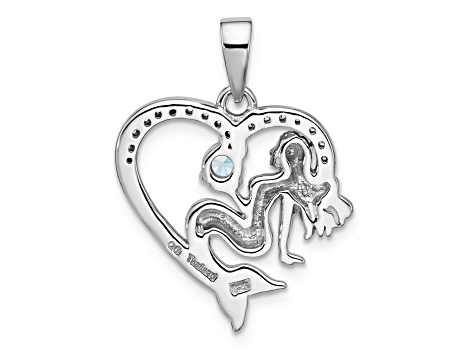 Rhodium Over Sterling Silver Antiqued Cubic Zirconia Mermaid Heart Pendant