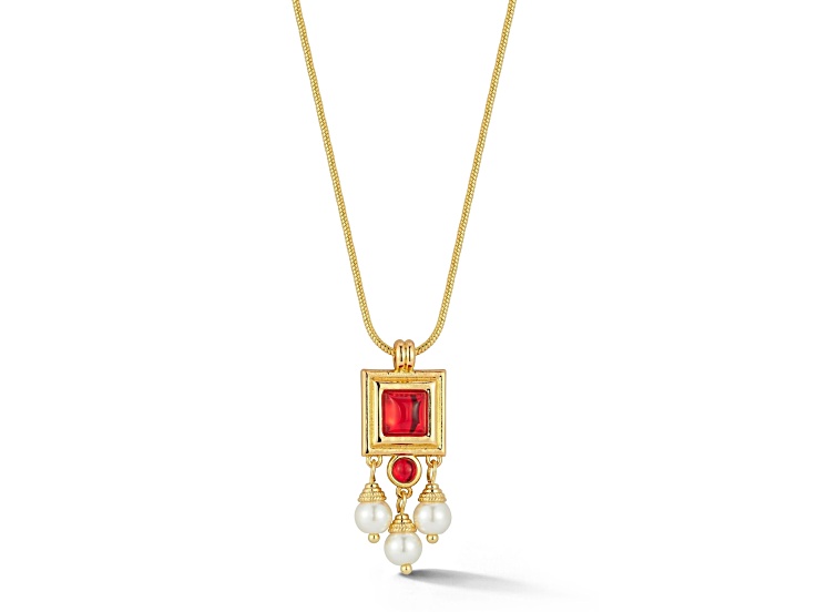 Rachel Zoe 14K Gold Over Brass Faux Pearl and Red Cubic Zirconia Framed Pendant Necklace