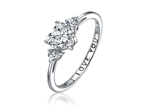 Clear Cubic Zirconia, Rhodium Plated Sterling Silver Three-Stone Heart "I Love You" Ring