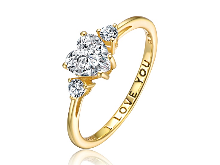 Clear Cubic Zirconia, 14K Yellow Gold Plated Sterling Silver Three-Stone Heart "I Love You" Ring