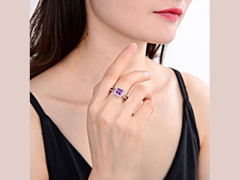 Lab Created Purple Sapphire with White Topaz Accents Sterling Silver Halo with Split Shank Ring