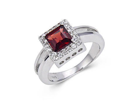 Garnet with White Topaz Accents Sterling Silver Halo with Split Shank Ring