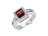 Garnet with White Topaz Accents Sterling Silver Halo with Split Shank Ring