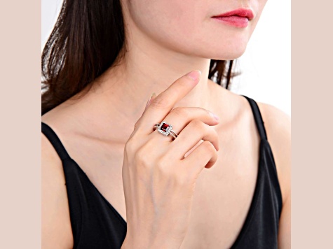 Garnet with White Topaz Accents Sterling Silver Halo with Split Shank Ring