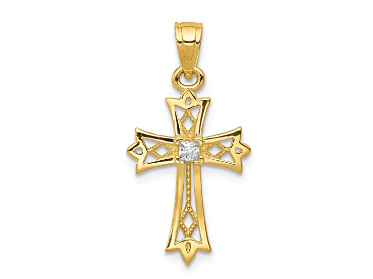 10k Yellow Gold Textured Cubic Zirconia Cross Pendant