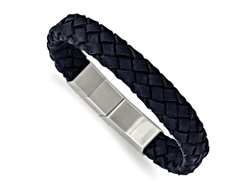 Picture of Navy Braided Leather and Stainless Steel Brushed 8.25-inch with 0.5-inch Extension Bracelet