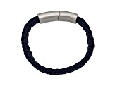 Navy Braided Leather and Stainless Steel Brushed 8.25-inch with 0.5-inch Extension Bracelet
