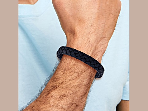 Navy Braided Leather and Stainless Steel Brushed 8.25-inch with 0.5-inch Extension Bracelet