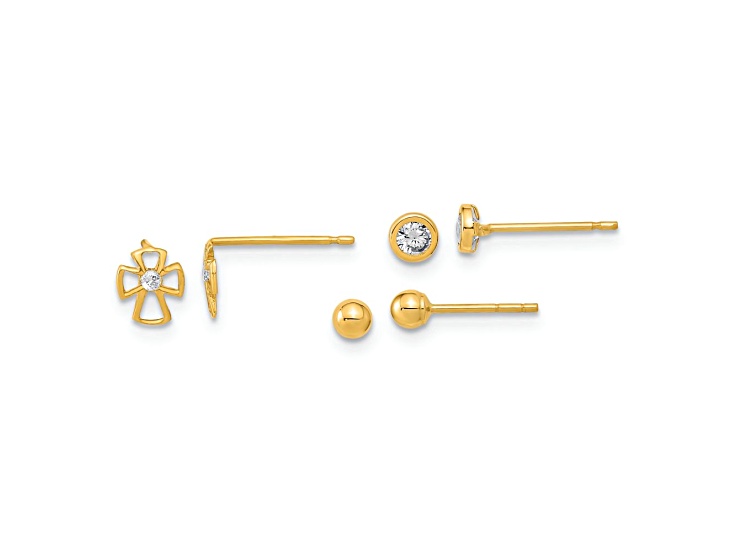 14k Yellow Gold Polished Set of 3mm Ball, 4mm Cubic Zirconia Set Stud and Cross 3-Pair Earrings Set