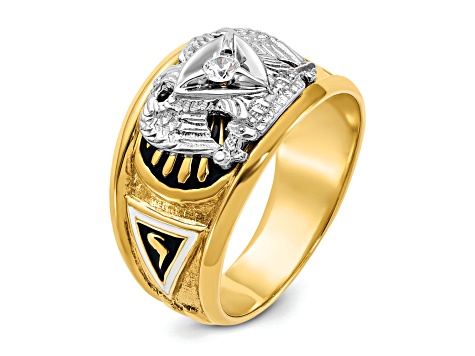 10K Two-tone Yellow and White Gold Men's Enamel and Diamond 32nd Scottish Rite Masonic Ring 0.103ctw