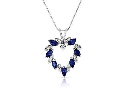 Blue Sapphire and White Diamond Heart Shape Pendant in 14k White Gold