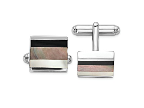 Sterling Silver Rhodium-plated Onyx and White/Grey MOP Cuff Links