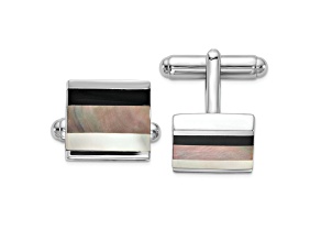 Sterling Silver Rhodium-plated Onyx and White/Grey MOP Cuff Links